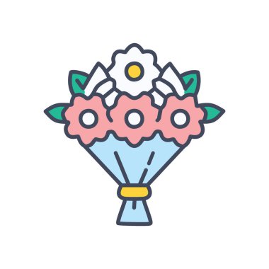 Çiçek buket ikonu. Renkli bir ikon, bir demet çiçeğin kurdeleyle birbirine bağlanmasını tasvir ediyor. Kutlamalar, aşk ve bahar temaları için ideal..