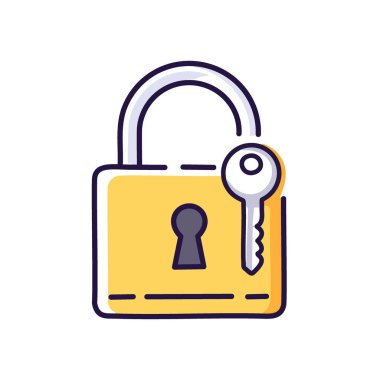 Kilitli kilit anahtarı. Sarı asma kilit, anahtar, güvenlik ve korumayı sembolize ediyor..