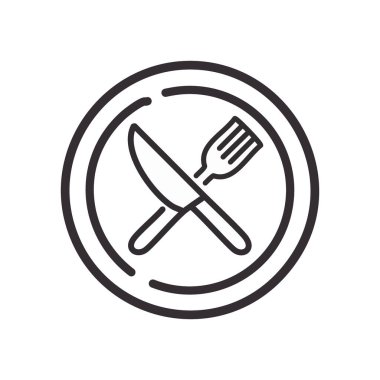 Çatal bıçak tabağı ikonu. Tabaktaki çatal ve bıçağın basit bir sanat simgesi. Yemek, restoran ya da yemek konsepti için ideal..