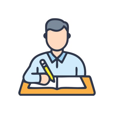 Öğrenci yazısı. Masada oturan bir erkek öğrenci kalemle deftere yazı yazıyor..