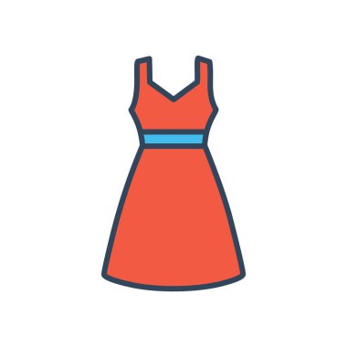 Kırmızı elbise ikonu. Mavi kemerli kolsuz kırmızı elbise. Moda ikonları, web sitesi tasarımı ve daha fazlası için mükemmel..