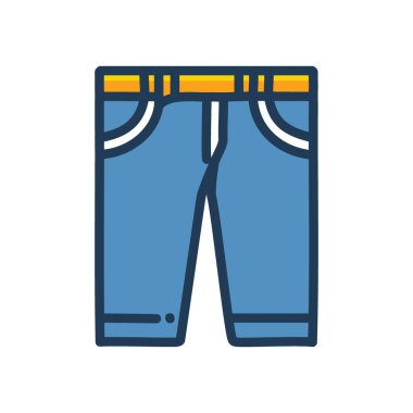 Denim pantolon ikonu. Sarı kemerli ve cepli mavi kot pantolon. Web sitesi veya uygulama arayüzü için ideal.