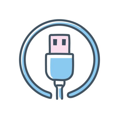 Usb bağlantı simgesi. Bir USB konnektörünün çizgi film biçimi simgesi, veri transferi, bağlantı ve teknolojiyi sembolize eder.