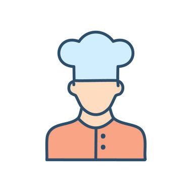 Şef ikon çizimi. Çizgi film şefi ikonu, beyaz şapkalı ve kırmızı üniformalı. Mutfak, restoran veya yemekle ilgili projeler için mükemmel..