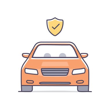 Güvenli araba ikonu. Kalkan ikonlu araba, güvenliği ve korumayı simgeliyor. Sigorta, garanti ya da araba güvenliği için mükemmel..