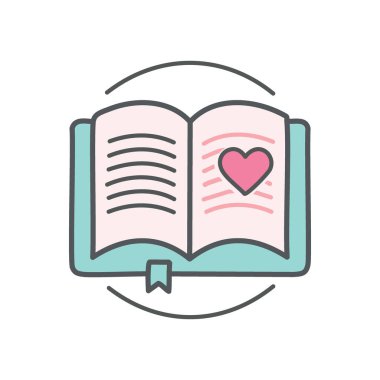 Yürekten kitap. Okuma, edebiyat ya da romantizm aşkını tasvir eden bir kalp sembolü olan açık bir kitap..