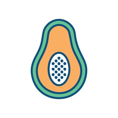 Yarı avokado ikonu. Yarı avokado meyve ikonu. Yeşil ve turuncu grafik tasarım, beyaz arka planda izole edilmiş. Avokadonun basit bir gösterimi.