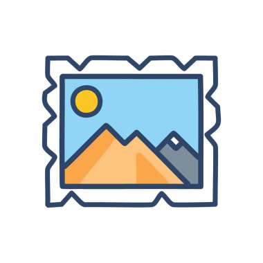 Dağ manzarası. Renkli, karikatür gibi bir dağ manzarası. Parlak bir güneş ve bir çerçeve..