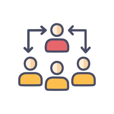 Takım liderliği ikonu. Bir liderin bir grup insanla etkileşimini temsil eden basit bir simge. Takım çalışması, işbirliği ve iletişimi sembolize eder.