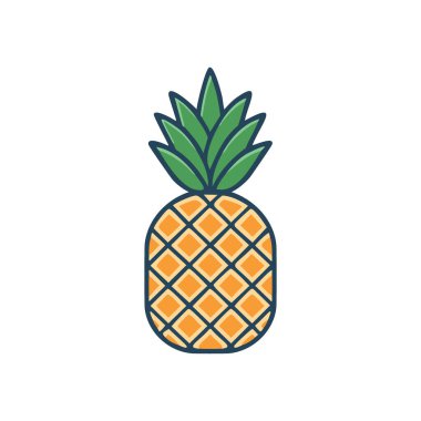 Tropik ananas. Beyaz arka planda yeşil yapraklı sarı bir ananas tasviri. Yaz, yemek ve tropikal tasarımlar için harika..