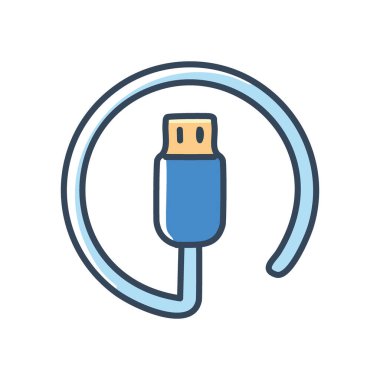 Usb kablo ikonu. Bir USB bağlantısının kablo sarılı renkli vektör simgesi, bağlantı ve veri transferini simgeliyor.