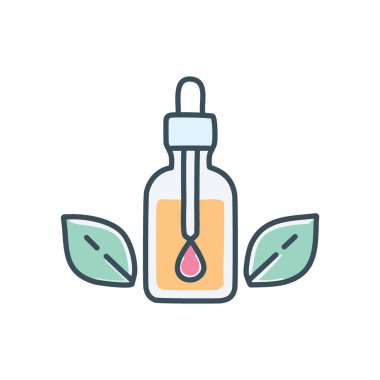 Doğal yağ damlası şişesi. Doğal, organik ve bitkisel özellikleri temsil eden yapraklarla birlikte gerekli yağ şişesi..