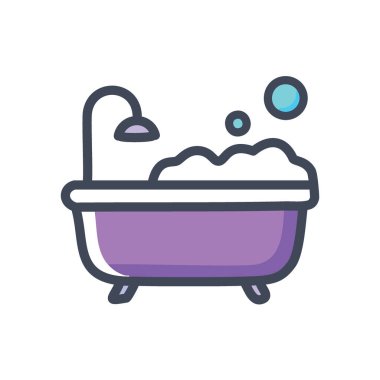Banyo zamanı ikonu. Duş başlıklı ve köpüklü mor küvet. Rahatlatıcı ve arındırıcı..