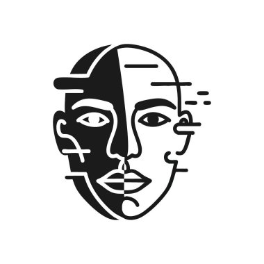 Soyut İkili Yüz Tanıtımı. Bölünmüş bir insan suretini tasvir eden büyüleyici tek renkli sanat eserleri. Bu parça kimliğin karmaşıklığını, iç çatışmayı veya çeşitli perspektifleri simgeler..