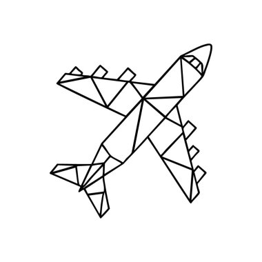 Geometrik Uçak Sembolü. Minimalist çokgen uçak çizimi. Siyah arka planda beyaz jet. Küresel seyahat, keşif, modern teknoloji ve birbirine bağlılığı temsil eder.