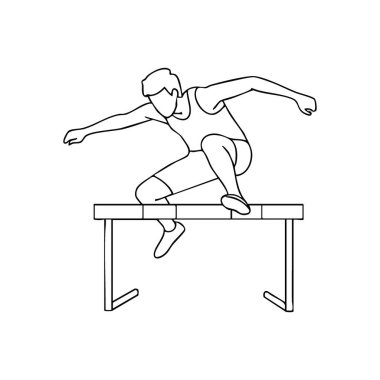 Erkek Engelli Atlama Bariyeri. Hareket halindeki bir atletin engeli aşan vektör çizimi. Bu güçlü illüstrasyon zorlukların üstesinden gelmeyi ve kararlılıkla başarıyı sembolize eder..