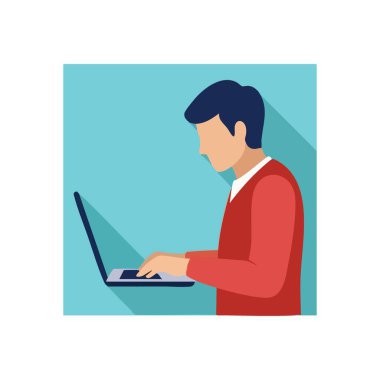 Bilgisayarlı Dijital Üretim. Bu düz tasarım tasarımı, etkili uzaktan çalışma, çevrimiçi eğitim ve küresel küresel eğitimi sembolize ederek, dikkatle dizüstü bilgisayarına bağlanan bir kişiyi tasvir eder..