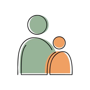 Aile Bağlantı ve Destek. Yetişkin ve genci tasvir eden minimalist bir sanat eseri. Sevgi, ilgi ve nesiller boyu süregelen bağı sembolize ediyor. Sıcaklık ve birliği çağrıştırıyor.