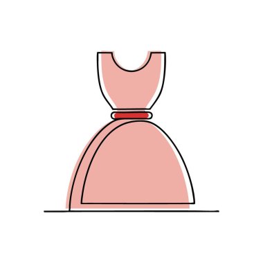 Zarif Pembe Elbise Çizimi. Kırmızı kuşaklı zarif bir allık elbisesi. Bu büyüleyici grafik modern tasarım projeleri için kadın zarafetini, kutlama tarzını somutlaştırıyor..