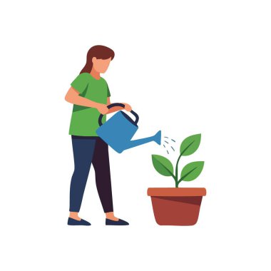 Kişi Sulama Saksısı. Bir birey, büyümeyi, sürdürülebilirliği ve çevreci refahı sembolize eden canlı yeşil bir filiz ister..