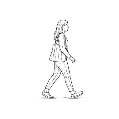 Yürüyen Kadın Çizgisi Sanat İllüstrasyonu. Şık bir dişi bireysel yolculuk yapıyor. Bu basit monokrom tasviri, özerkliği ve şehir keşiflerini sembolize eden günlük bir adım yakalar..