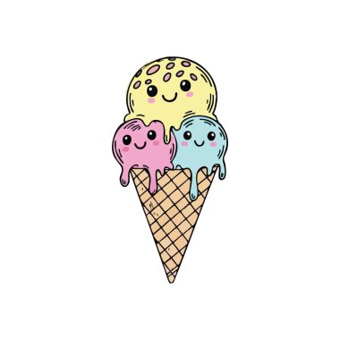 Sevimli Mutlu Dondurma Konisi Sanatı. Üç kepçe dondurulmuş lezzetin waffle bisküvisi üzerinde eridiği sevimli bir tatlı illüstrasyonu. Çocukluk sevincini ve tatlılığını temsil eder..