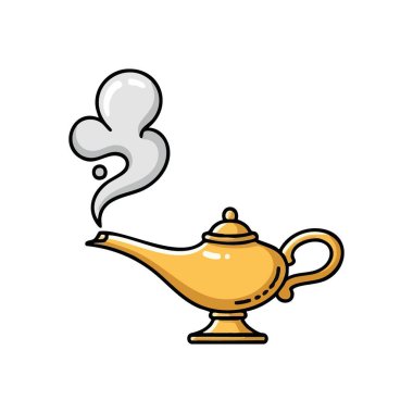 Sihirli Dilek Gerçekleştirme Lambası. Altın bir Aladdin tarzı yağ tenceresi mistik buhar yayar. Hayalleri, fırsatları ve büyüyü temsil eder, fantastik temalar için mükemmeldir..