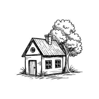 El Kaplama Kulübesi ve Gölgeli Ağaç. Olgun yapraklı bir bitkinin yanında huzurlu bir kırsal konutun sanatsal monokrom çizimi. Huzur ve taşra cazibesini çağrıştırıyor..