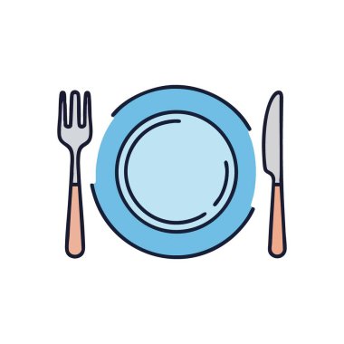 Temel Yer Ayarlama. Açık mavi bir tabak, çatal ve bıçak içeren temiz, basit bir görüntü. Yemek hazırlığını, konukseverliği ve organize yemeği temsil eder..