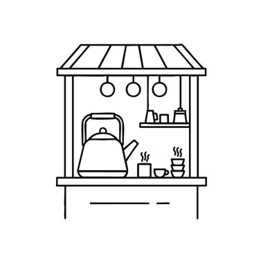 Sıcak içecek kabini ikonu. Çay ya da kahve gibi dumanı tüten içecekler sunan antika bir sokak tezgahının minimalist taslağı. Sıcaklık, rahatlık ve basit zevki çağrıştırıyor..