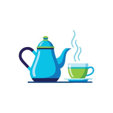 Çaydanlık ve Buharlı Çay fincanı. Canlı bir illüstrasyon, bira fıçısı ve sıcak bir içecek içeriyor. Yükselen buhar konforu, huzuru ve güzel bir mola anını simgeler..