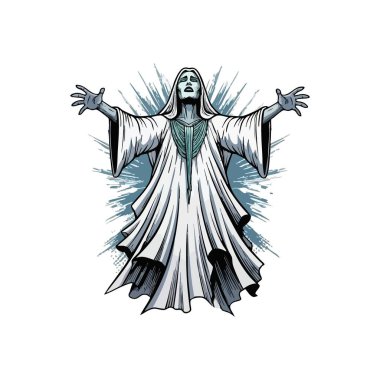 Mistik figür ruhani kucaklaşma. Hayaletli bir sanat eseri, kollarını açmış bir hayaleti tasvir eder. Bu anımsatıcı parça derin kederi, ilahi bağı ya da ruhsal kurtuluşu simgeliyor..