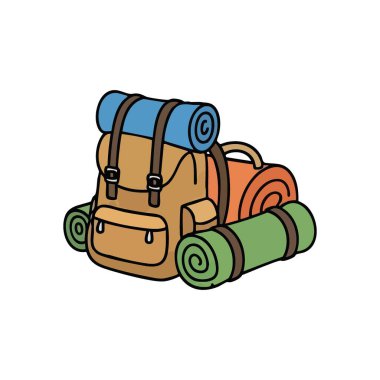 Açık hava seyahat sırt çantası illüstrasyonu. Bir kamp çantasının canlı karalaması, keşif için tam donanımlı. Bu grafik seyahatleri, keşifleri ve seyahat şehvetinin ruhunu simgeliyor..