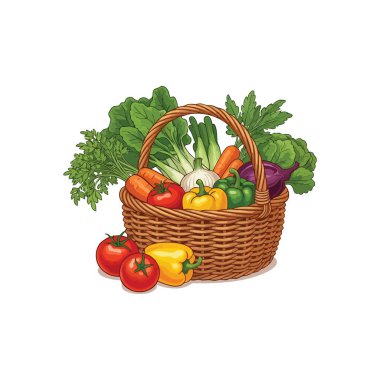 Bir sepet taze sebze. İçi canlı, yeni seçilmiş organik ürünlerle dolu cömert bir sepet. Sağlıklı beslenmeyi ve doğanın cömert hasatını sembolize eder..