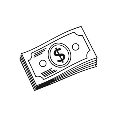 Para Biriktirilmiş Tek Krom Sembolü. Minimalist siyah beyaz tasarım bir yığın banknotu tasvir ediyor. Bu amblem zenginliği, ekonomik büyümeyi ve iş başarısını simgeler..