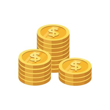 Altın Para Yığını. Refahı, finansal büyümeyi ve güvenli yatırımları sembolize eden üç adet parlayan para yığını tasviri. Finans veya iş kavramları için ideal.