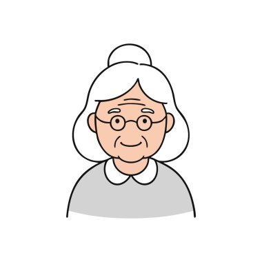 Gülümseyen Yaşlı Kadın Avatar. Gözlüklü ve sıcacık bir ifadeyle yaşlı bir kadın karakterin büyüleyici tasviri. Bilgeliği, nezaketi ve yaşlanmanın güzelliğini simgeler..