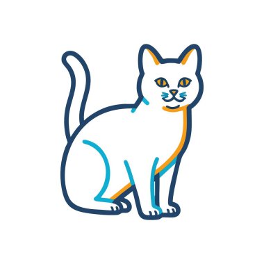 Şekillendirilmiş Beyaz Kedi Grafiği. Oturan bir kedinin çağdaş dijital çizimi, canlı mavi ve turuncu çizgiler ve oyuncu bir karakter içeriyor. Arkadaşlığı ve zarifliği çağrıştırıyor..