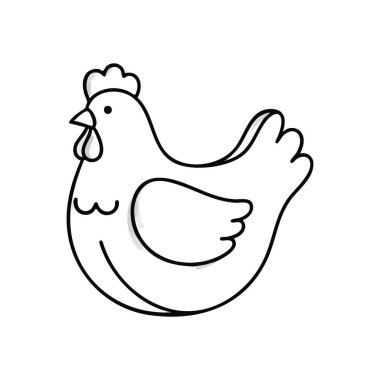 Sevimli Beyaz Tavuk Karakteri. Karanlık bir arka planda oyuncu tavuk çizimi. Bu büyüleyici hayvan tasarımı, çok yönlü projeler için basit ve dost bir çiftlik ortamı sunuyor..