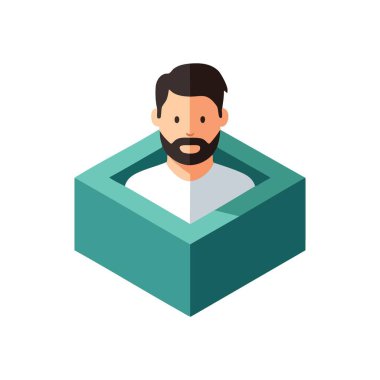 Soyut Kutudaki Sakallı Adam. Dijital illüstrasyon, yüz kılları olan birini geometrik bir kabın içinde tasvir ediyor. Kimliği, sınırlamayı veya arayüz bileşenini sembolize eder. Modern avatar.