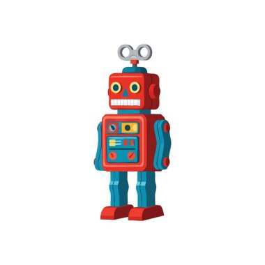Klasik Kırmızı Mavi Robot Oyuncağı. Bu dolambaçlı anahtarıyla otomatikleştirilmiş oyun basit neşe ve yaratıcılık çağlarını anımsatıyor. Arkaplanda canlı renkler beliriyor.