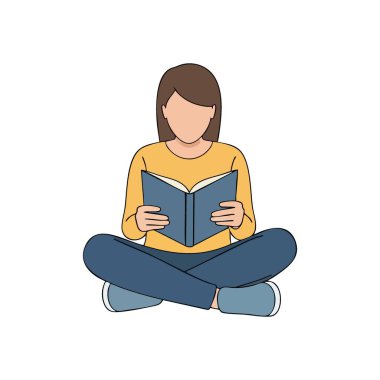 Huzurlu Bireysel Okuma Kitabı. Huzurlu bir insan edebiyata gömülmüş, sessiz öğrenmeyi ve zihinsel kaçışı sembolize ediyor. Bu illüstrasyon odaklanmış aydınlanma anını yakalar..