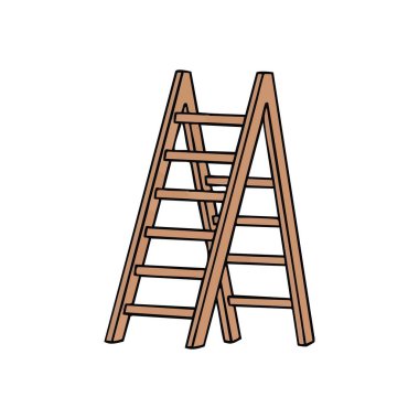 Timber Stepladder İllüstrasyonu. Açık kahverengi ahşap bir merdiveni gösteren basit bir grafik. Karanlık bir arka plana karşı minimalist tasarım. Yükselen hareketlilik, ilerleme ve başarıyı temsil eder.