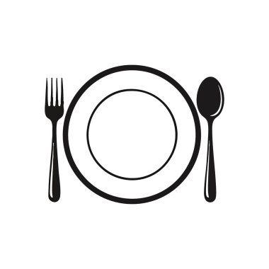 Yemek Yeri Simge Ayarlama. Karanlık bir arka planda çatal ve kaşıkla birlikte boş bir yemek tabağının minimalist grafiği. Mutfak temaları, menüler ya da konukseverlik tasarımları için ideal.