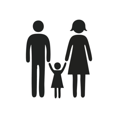 Aile Simgesi Silueti. Bir baba, anne ve küçük çocuğun tek renkli grafikleri birlik, sevgi ve korumayı sembolize ediyor. Ev ve ebeveynlik temaları için mükemmel.