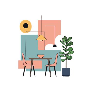 Minimalist Yemek Bölgesi İllüstrasyonu. Bu modern ev sahnesinde şık mobilyalar ve canlı bir bitki, somutlaşmış konforlu ev yaşamları ve sofistike iç mekan kavramları sergileniyor..