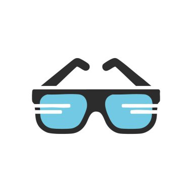 Mavi Lens Gözlük Simgesi. Siyah arka planda gökyüzü renkli optik gözlüklerin minimalist çizimi. Berraklığı, zekayı ve modaya uygun korumayı temsil eder..
