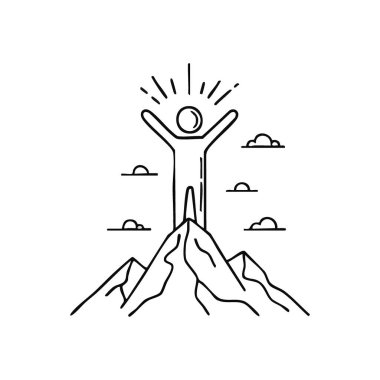 Zafer Zirvesi Başarı. Bu grafik, kişisel başarıyı ve engelleri aşmayı simgeleyen, bir dağın zirvesine zaferle ulaşan bir bireyi resmediyor..