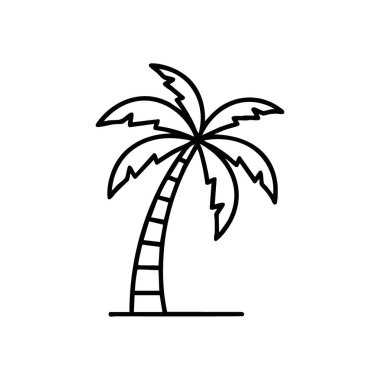 Palmiye Ağacı Silueti Asgari Simgesi. Koyu bir zeminde beyaz tropikal bitki çizimi. Bu basit grafik yaz tatillerini, cenneti ve sakin ada kaçışını simgeliyor..