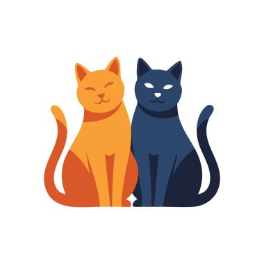 Uyumlu Kedi İkili. Bu vektör sevimli bir turuncu kediyi ve birlikte oturan sakin mavi bir kediyi tasvir ediyor. Arkadaşlığı, barışı ve tamamlayıcı kişilikleri sembolize eder..